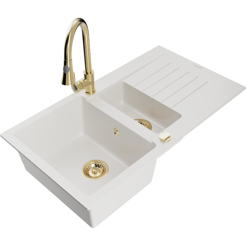 Mexen Matias granit diskbänk 1,5-fack med avrinning och köksblandare Elia, vit - 6502-20-670101-50