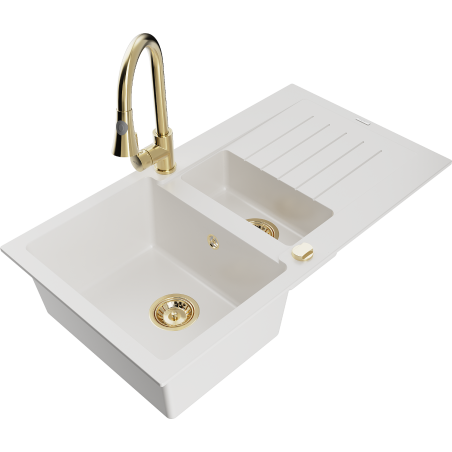 Mexen Matias fregadero de granito de 1,5 compartimentos con escurridor y grifo de cocina Elia, blanco - 6502-20-670101-50