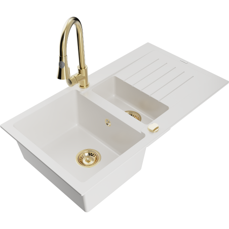 Mexen Matias granite kitchen sink 1.5 bowl with drainer and Elia faucet, white - 6502-20-670101-50