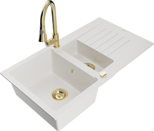 Mexen Matias fregadero de granito 1,5 senos con escurridor y grifo de cocina Elia, blanco - 6502-20-670101-50