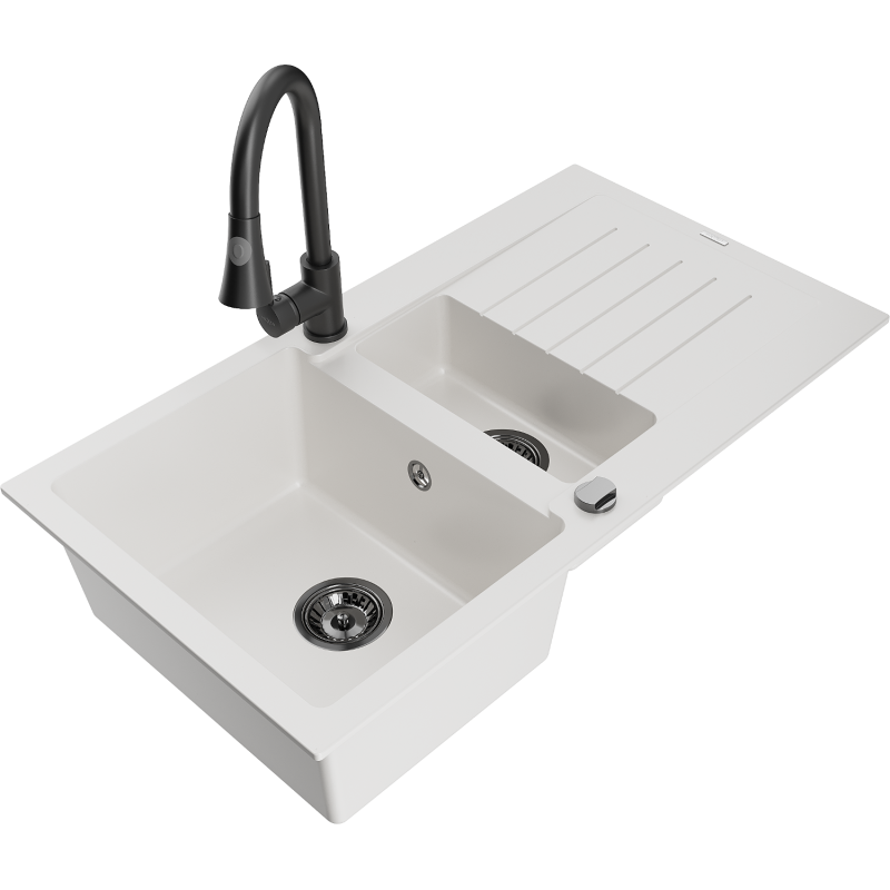 Mexen Matias fregadero de granito 1,5 tazones con escurridor y grifo de cocina Elia, blanco - 6502-20-670101-70
