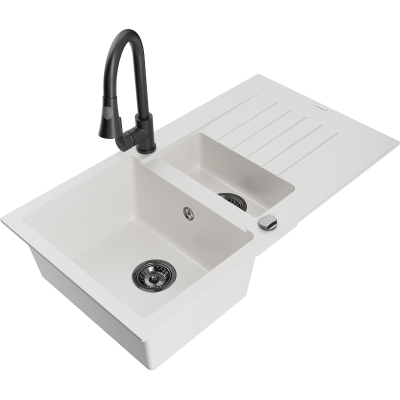 Mexen Matias Graniittinen 1,5-kammioinen tiskiallas kuivaimella ja keittiöhanalla Elia, valkoinen - 6502-20-670101-70