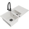 Mexen Matias granieten spoelbak 1,5-komor met afdruiprek en keukenmengkraan Elia, wit - 6502-20-670101-70