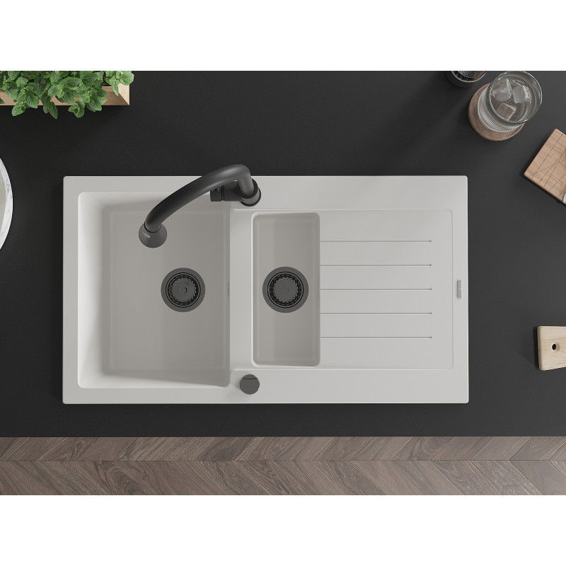 Mexen Matias granieten spoelbak 1,5-komor met afdruiprek en keukenmengkraan Elia, wit - 6502-20-670101-70