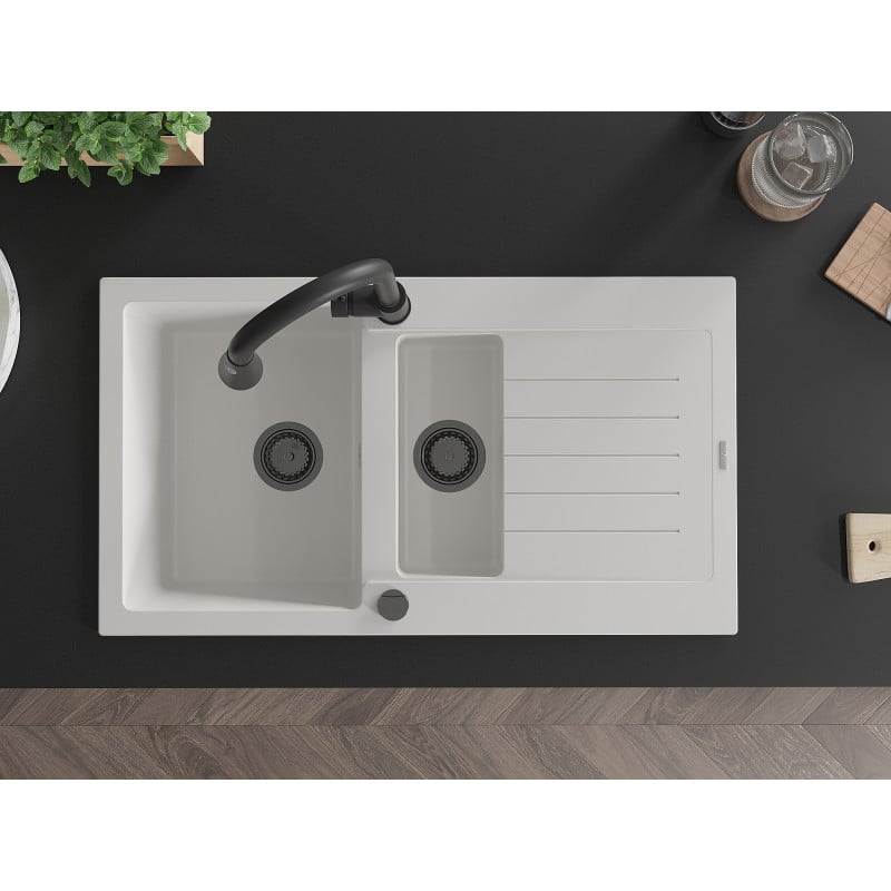 Mexen Matias granitdiskbänk 1,5-fack med avrinningsbricka och kökskran Elia, vit - 6502-20-670101-70