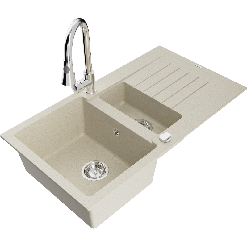 Mexen Matias fregadero de granito de 1,5 senos con escurridor y grifo de cocina Elia, blanco - 6502-69-670101-00