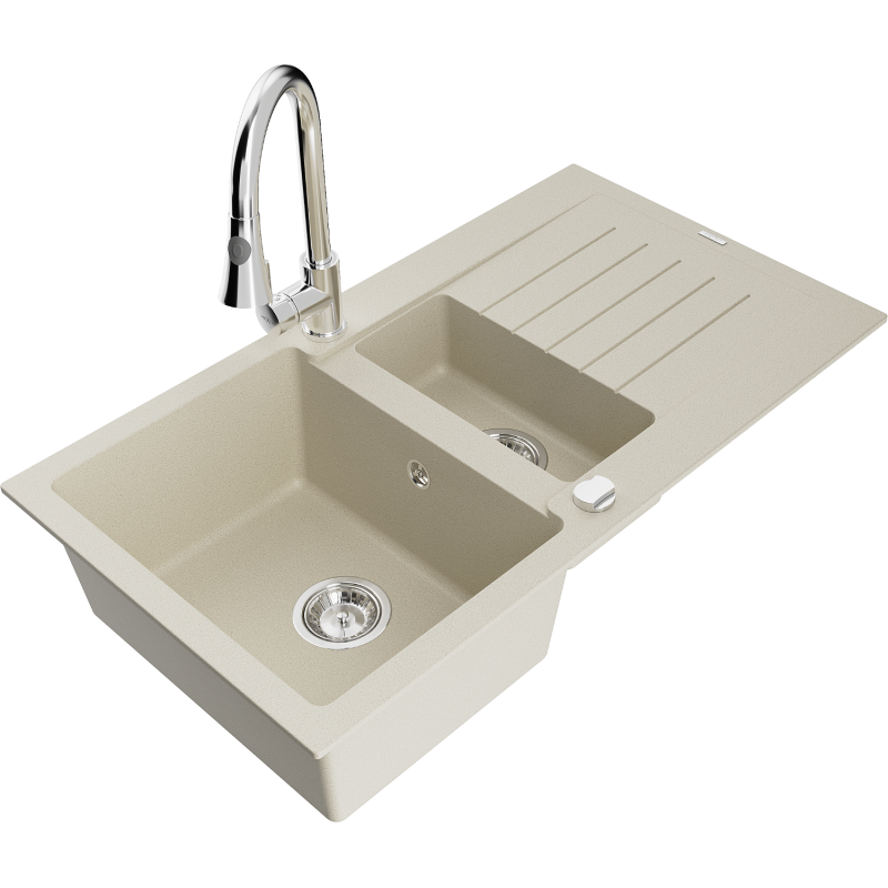 Mexen Matias lava-loiça de granito de 1,5 bacias com escorredor e torneira de cozinha Elia, branco - 6502-69-670101-00