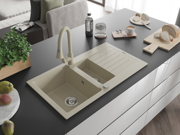 Mexen Matias évier en granit 1,5 cuves avec égouttoir et robinet de cuisine Elia, beige - 6502-69-670101-69