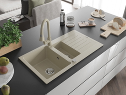 Mexen Matias fregadero de granito 1,5 compartimentos con escurreplatos y grifo de cocina Elia, beige - 6502-69-670101-69