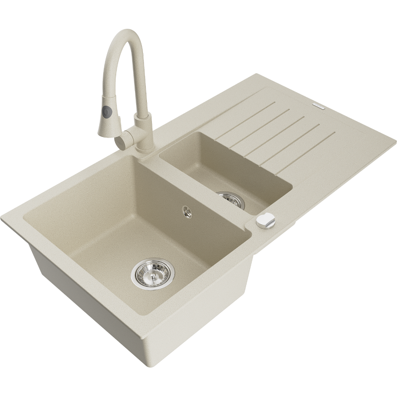 Mexen Matias Graniittinen 1,5-allas keittiöallas kuivaustasolla ja Elia-keittiöhana, beige - 6502-69-670101-69