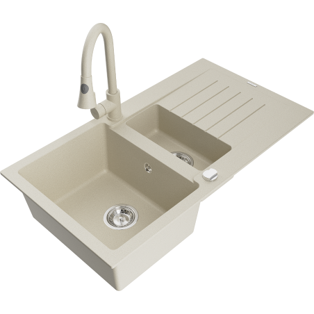 Mexen Matias fregadero de granito de 1,5 senos con escurridor y grifo de cocina Elia, beige - 6502-69-670101-69