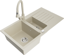 Mexen Matias 1,5-fach Granitspüle mit Abtropffläche und Küchenarmatur Elia, beige - 6502-69-670101-69