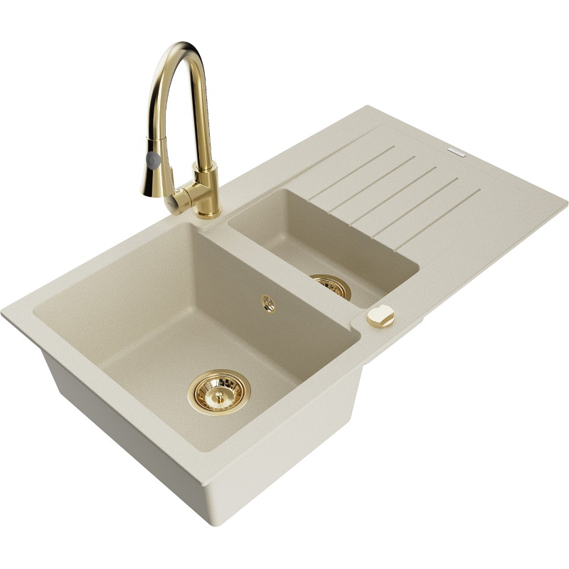 Mexen Matias 1,5-komorige granieten spoelbak met afdruiprek en keukenmengkraan Elia, beige - 6502-69-670101-50