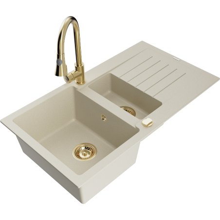 Mexen Matias 1.5-bowl Granite Sink with Drainer and Elia Kitchen Tap, Beige - 6502-69-670101-50