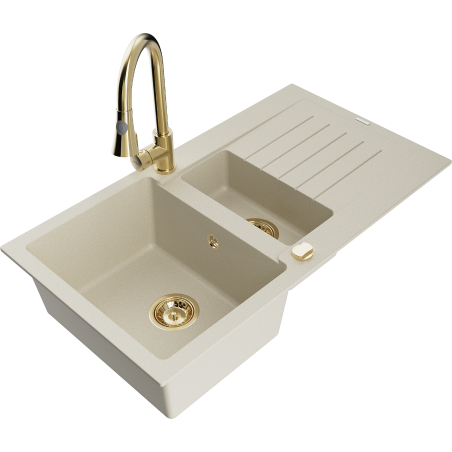 Mexen Matias granieten spoelbak 1,5-kom met afdruiprek en keukenmengkraan Elia, beige - 6502-69-670101-50