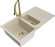Mexen Matias granieten spoelbak 1,5-kom met afdruiprek en keukenmengkraan Elia, beige - 6502-69-670101-50