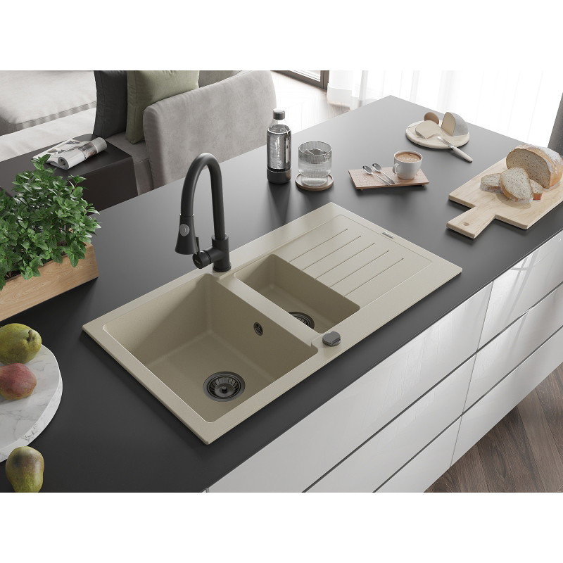 Mexen Matias Granitspüle 1,5 Kammern mit Abtropffläche und Küchenarmatur Elia, beige - 6502-69-670101-70