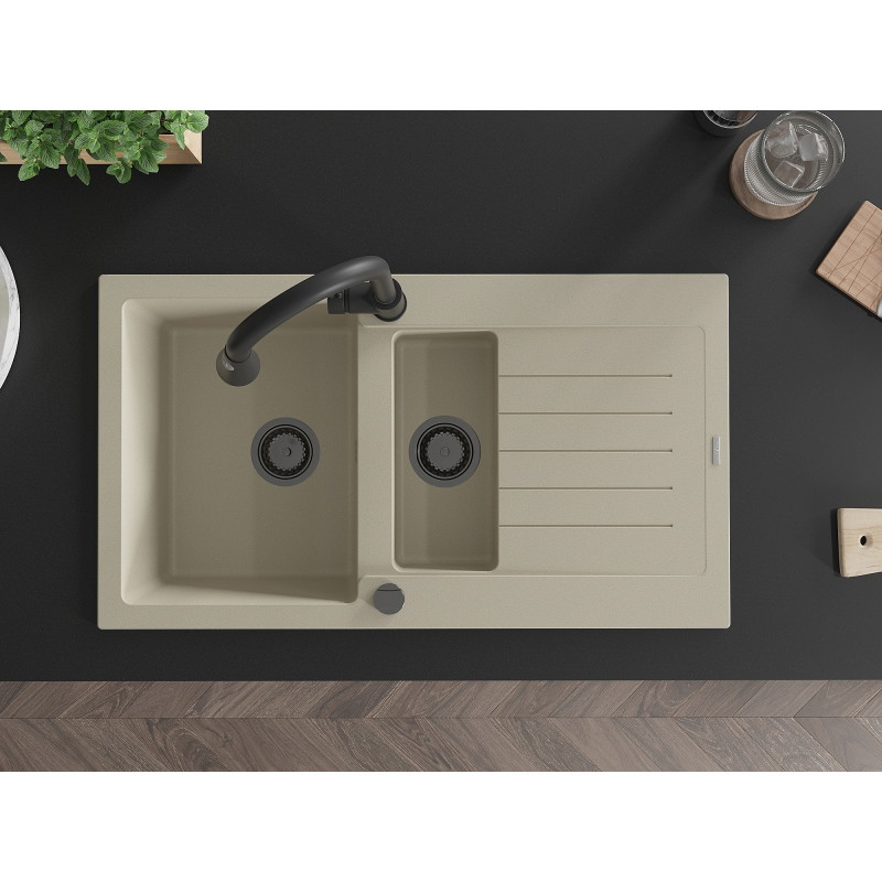 Mexen Matias granit gootsteen 1,5-comaprtiment met druiprek en keukenmengkraan Elia, beige - 6502-69-670101-70