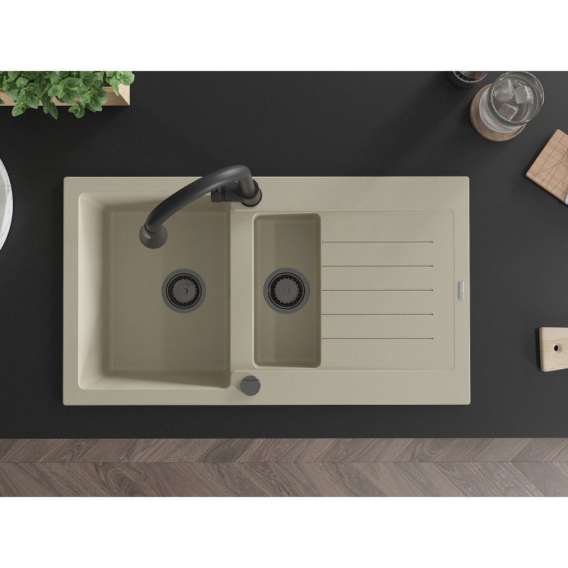 Mexen Matias granite sink 1.5-bowl with drainer and Elia kitchen tap, beige - 6502-69-670101-70