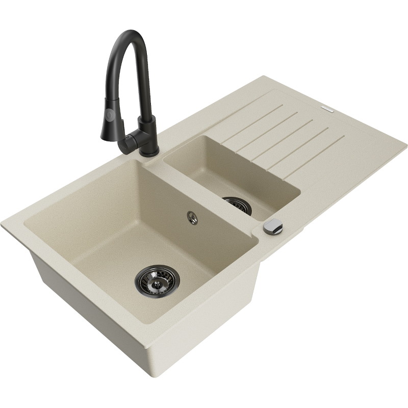 Mexen Matias évier en granit 1,5 cuves avec égouttoir et robinet de cuisine Elia, beige - 6502-69-670101-70
