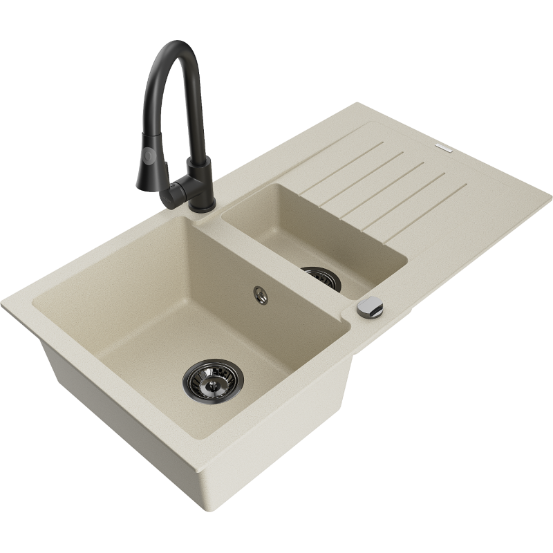 Mexen Matias fregadero de granito 1,5 senos con escurridor y grifo de cocina Elia, beige - 6502-69-670101-70