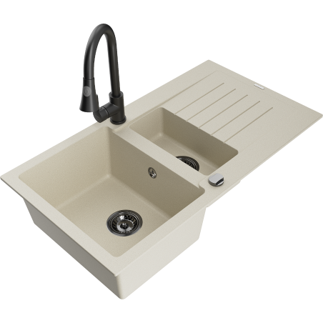 Mexen Matias granieten spoelbak 1,5-komorige met afdruiprek en keukenkraan Elia, beige - 6502-69-670101-70