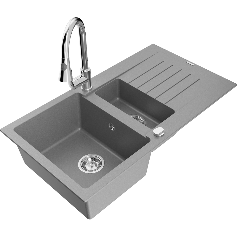 Mexen Matias fregadero de granito de 1,5 huecos con escurridor y grifo de cocina Elia, gris - 6502-71-670101-00
