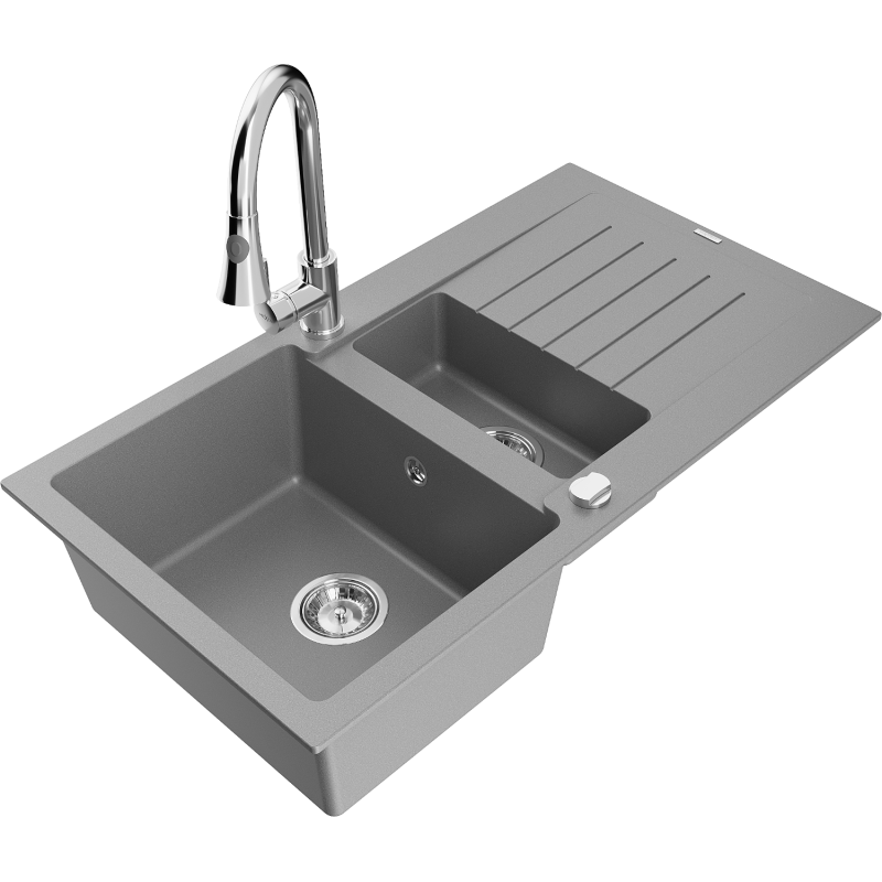 Mexen Matias lava-loiça de granito de 1,5 cubas com escorredor e torneira de cozinha Elia, cinza - 6502-71-670101-00