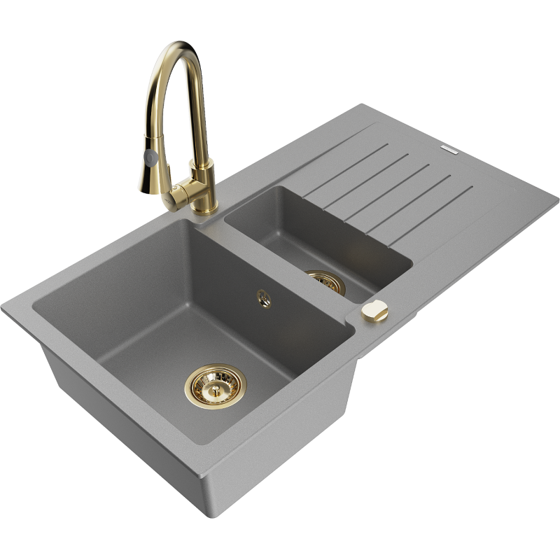 Mexen Matias fregadero de granito 1,5 tazones con escurridor y grifo de cocina Elia, gris - 6502-71-670101-50