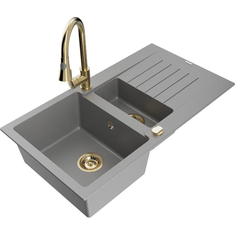Mexen Matias granite sink 1.5-bowl with drainer and Elia kitchen tap, grey - 6502-71-670101-50