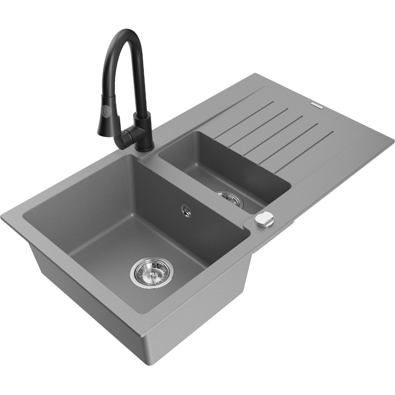 Mexen Matias granite sink 1.5-bowl with drainer and Elia kitchen tap, grey - 6502-71-670101-70