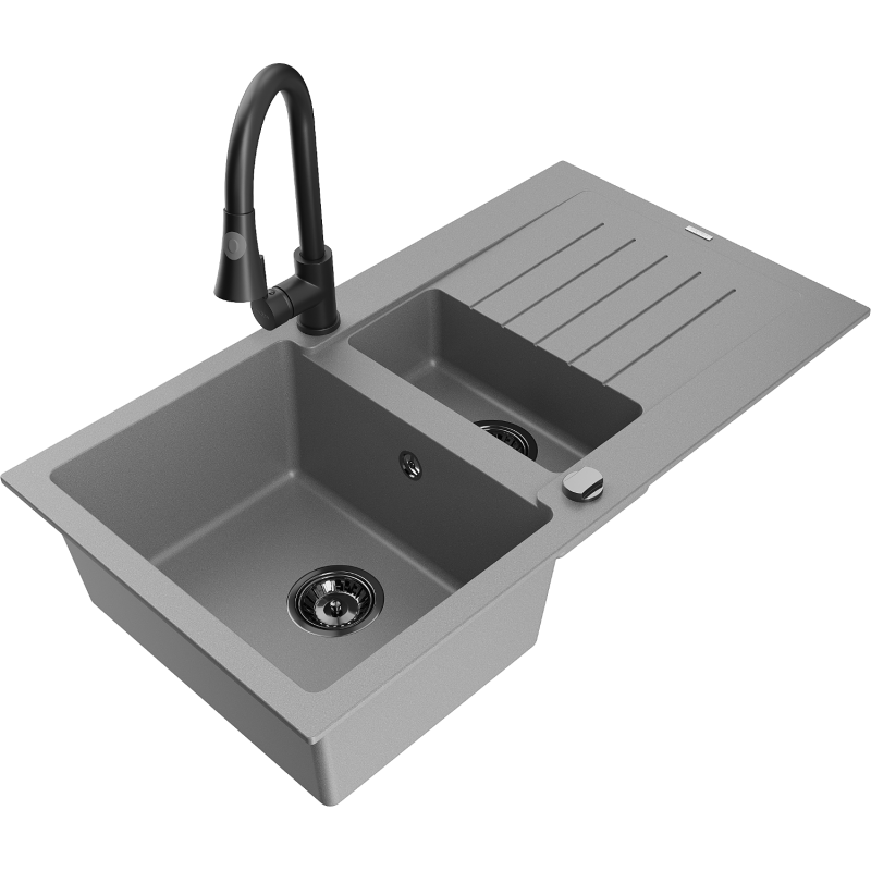 Mexen Matias fregadero de granito de 1,5 compartimentos con escurridor y grifo de cocina Elia, gris - 6502-71-670101-70-B