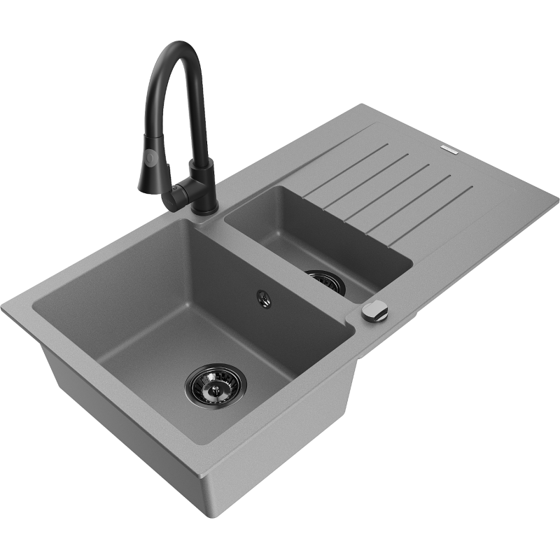 Mexen Matias lava-louça de granito de 1,5 cubas com escorredor e torneira de cozinha Elia, cinza - 6502-71-670101-70-B