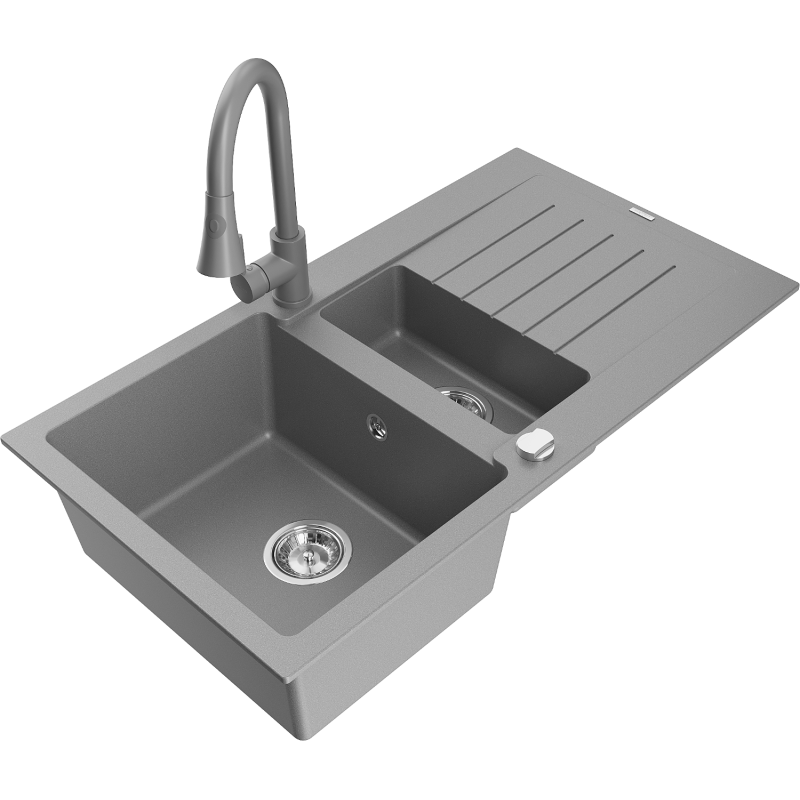 Mexen Matias fregadero de granito 1,5 senos con escurridor y grifo de cocina Elia, gris - 6502-71-670101-71