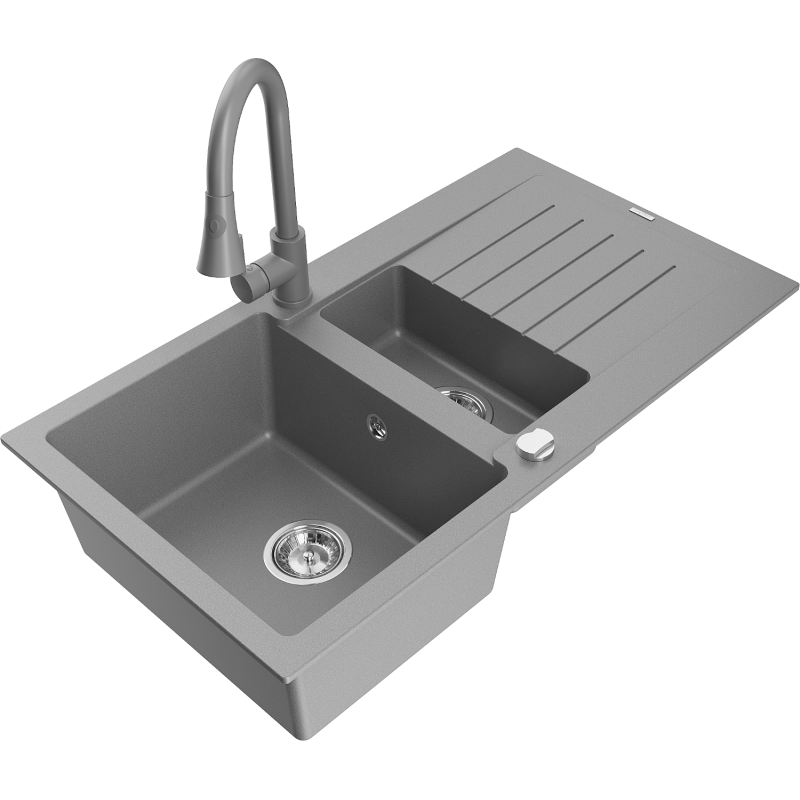 Mexen Matias graniittinen 1,5-altaiden keittiön pesuallas valutustasolla ja Elia-keittiöhanalla, harmaa - 6502-71-670101-71
