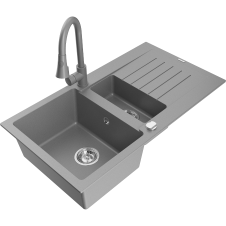 Mexen Matias fregadero de granito 1,5 senos con escurridor y grifo de cocina Elia, gris - 6502-71-670101-71