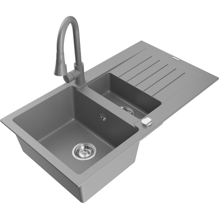 Mexen Matias fregadero de granito de 1,5 tazones con escurridor y grifo de cocina Elia, gris - 6502-71-670101-71