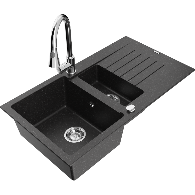 Mexen Matias fregadero de granito de 1,5 senos con escurridor y grifo de cocina Elia, negro/plata metálica - 6502-73-670101-00