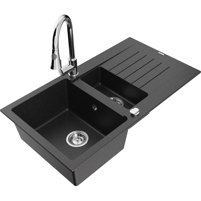 Mexen Matias granite sink 1.5-bowl with drainer and Elia kitchen tap, black/silver metallic - 6502-73-670101-00