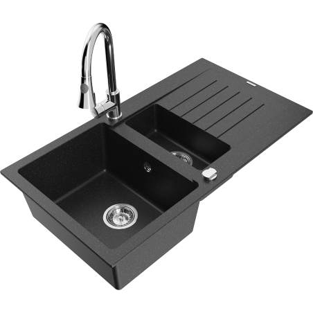 Mexen Matias granite sink 1.5-bowl with drainer and Elia kitchen tap, black/silver metallic - 6502-73-670101-00