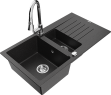 Mexen Matias fregadero de granito de 1,5 senos con escurridor y grifo de cocina Elia, negro/plata metálica - 6502-73-670101-00