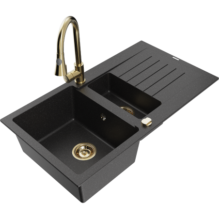 Mexen Matias granitische spoelbak 1,5-komor met afdruiprek en keukenmengkraan Elia, zwart/zilver metallic - 6502-73-670101-50