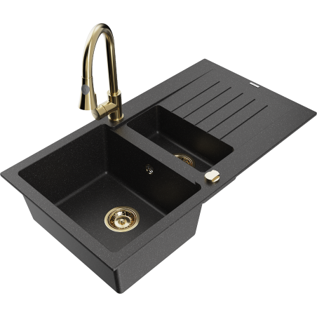 Mexen Matias granta izlietne 1,5 nodalījumu ar noteces un virtuves jaucējkrānu Elia, melns/sudraba metāliks - 6502-73-670101-50