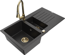 Mexen Matias Granitspüle 1,5-beckig mit Abtropffläche und Küchenarmatur Elia, schwarz/silber metallic - 6502-73-670101-50