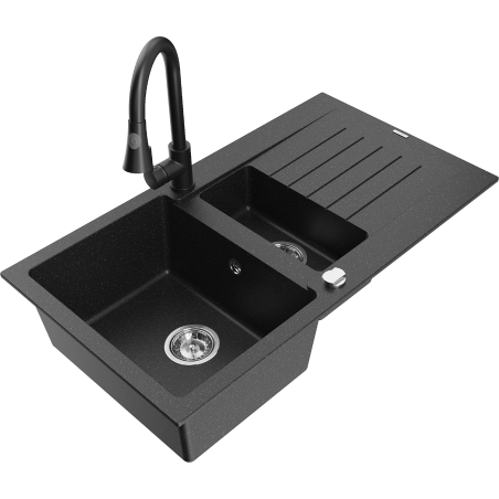 Mexen Matias granit izlietne ar 1,5 nodalījumiem un notecēji un virtuves jaucējkrānu Elia, melnās/sudraba metālika