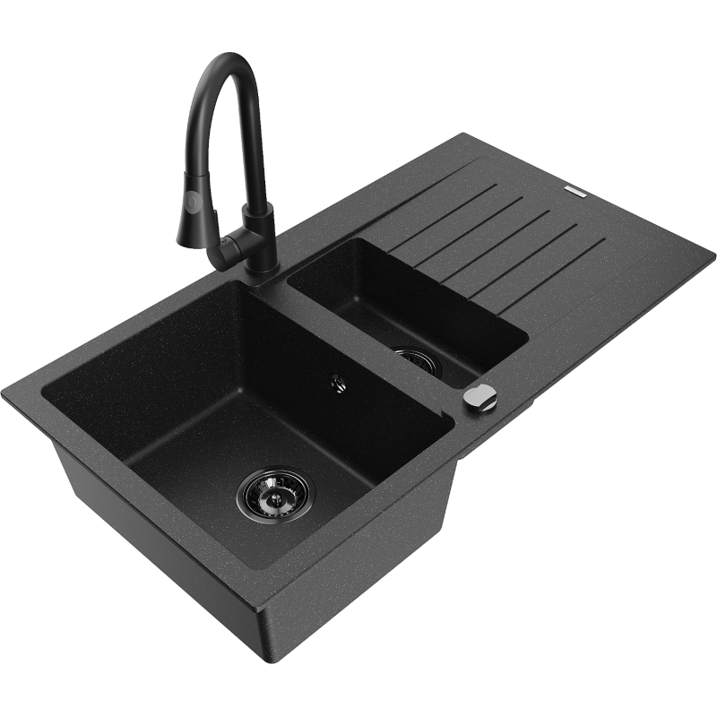 Mexen Matias granite sink 1.5-bowl with drainer and Elia kitchen tap, black/silver - 6502-73-670101-70-B