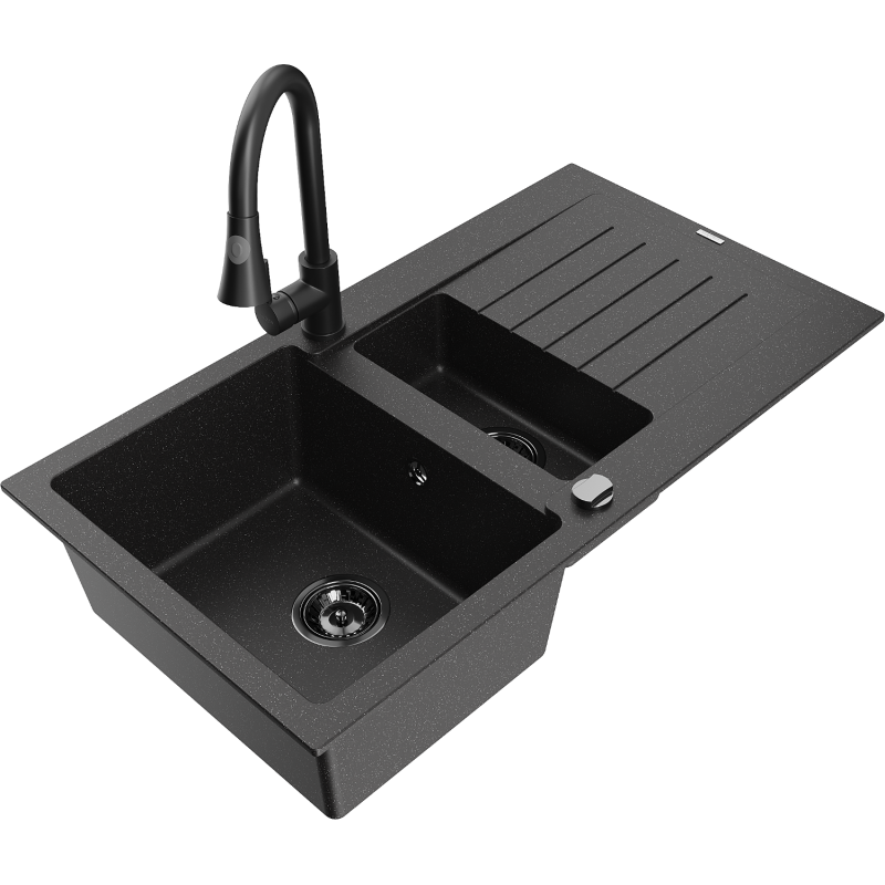 Mexen Matias lava-louça de granito 1,5 bacias com escorredor e bateria de cozinha Elia, preto/prateado - 6502-73-670101-70-B
