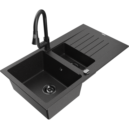 Mexen Matias granite sink 1.5-bowl with drainer and kitchen faucet Elia, black/silver - 6502-73-670101-70-B