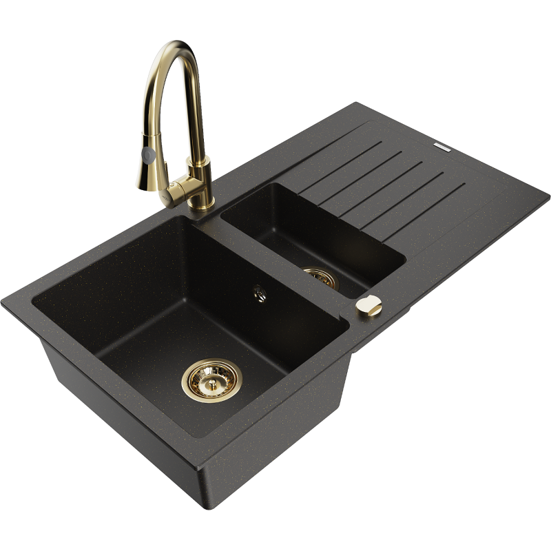 Mexen Matias évier en granit 1,5 bac avec égouttoir et mitigeur de cuisine Elia, noir/doré métallisé - 6502-75-670101-50