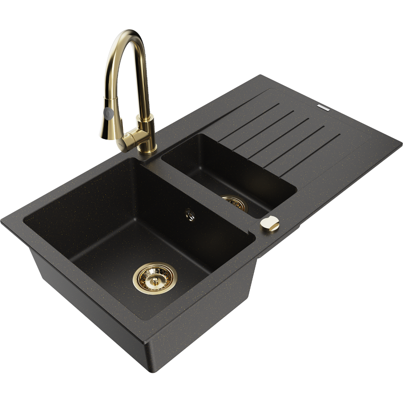 Mexen Matias fregadero de granito de 1,5 cubetas con escurridor y grifo de cocina Elia, negro/metálico dorado